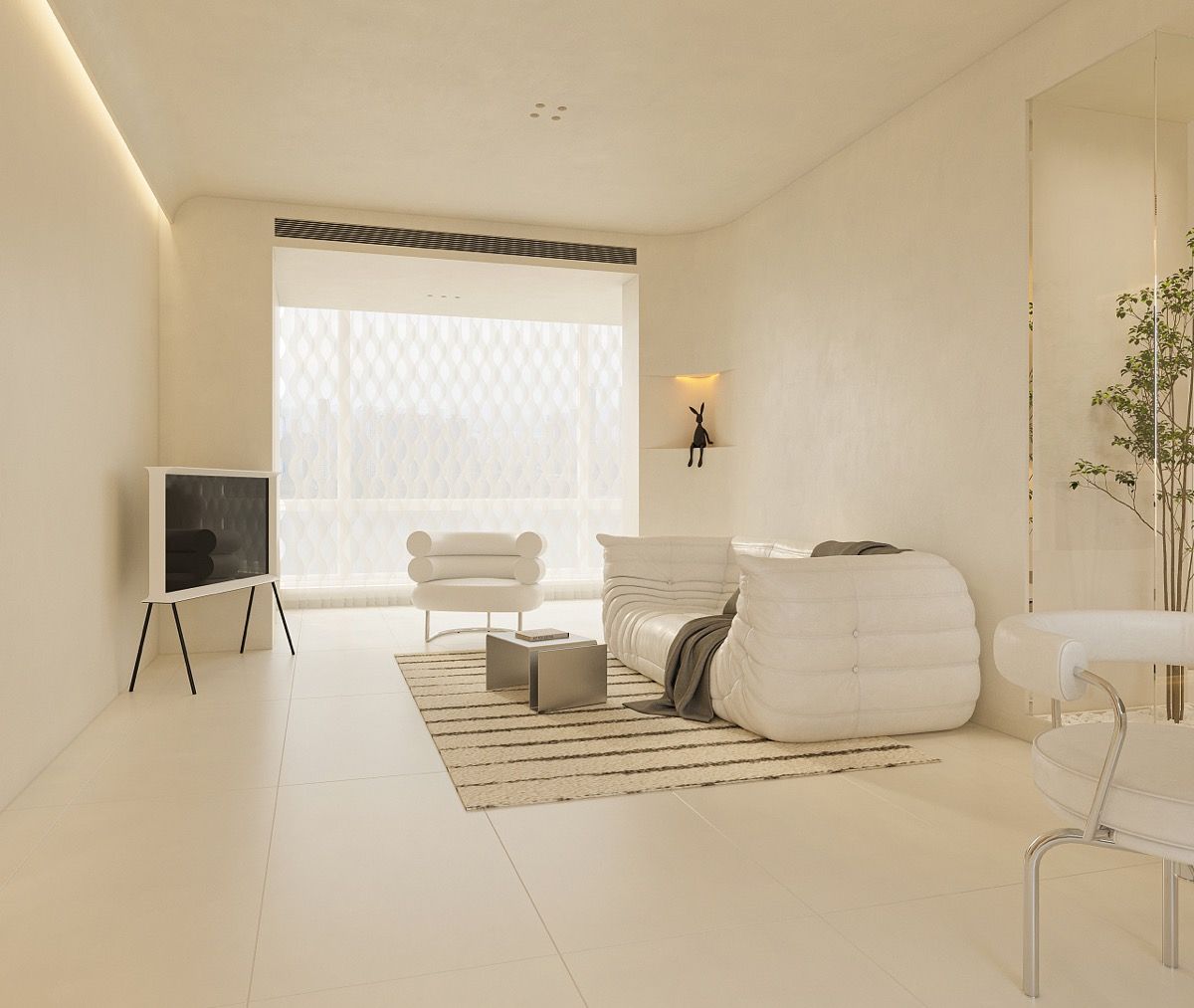 a bathroom with a large tub in the middle of it and white room next to a wooden floor plan for a large window sill and two sinks on the wall above it in a wooden flooring and white